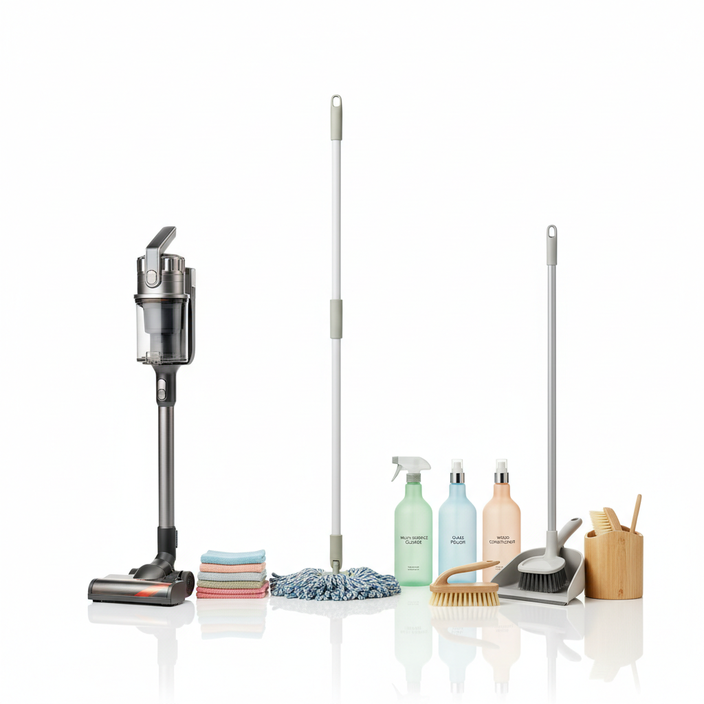 مجموعة أدوات تنظيف تتضمن مكنسة كهربائية، ومكنسة يدوية، ومنتجات تنظيف على خلفية بيضاء

