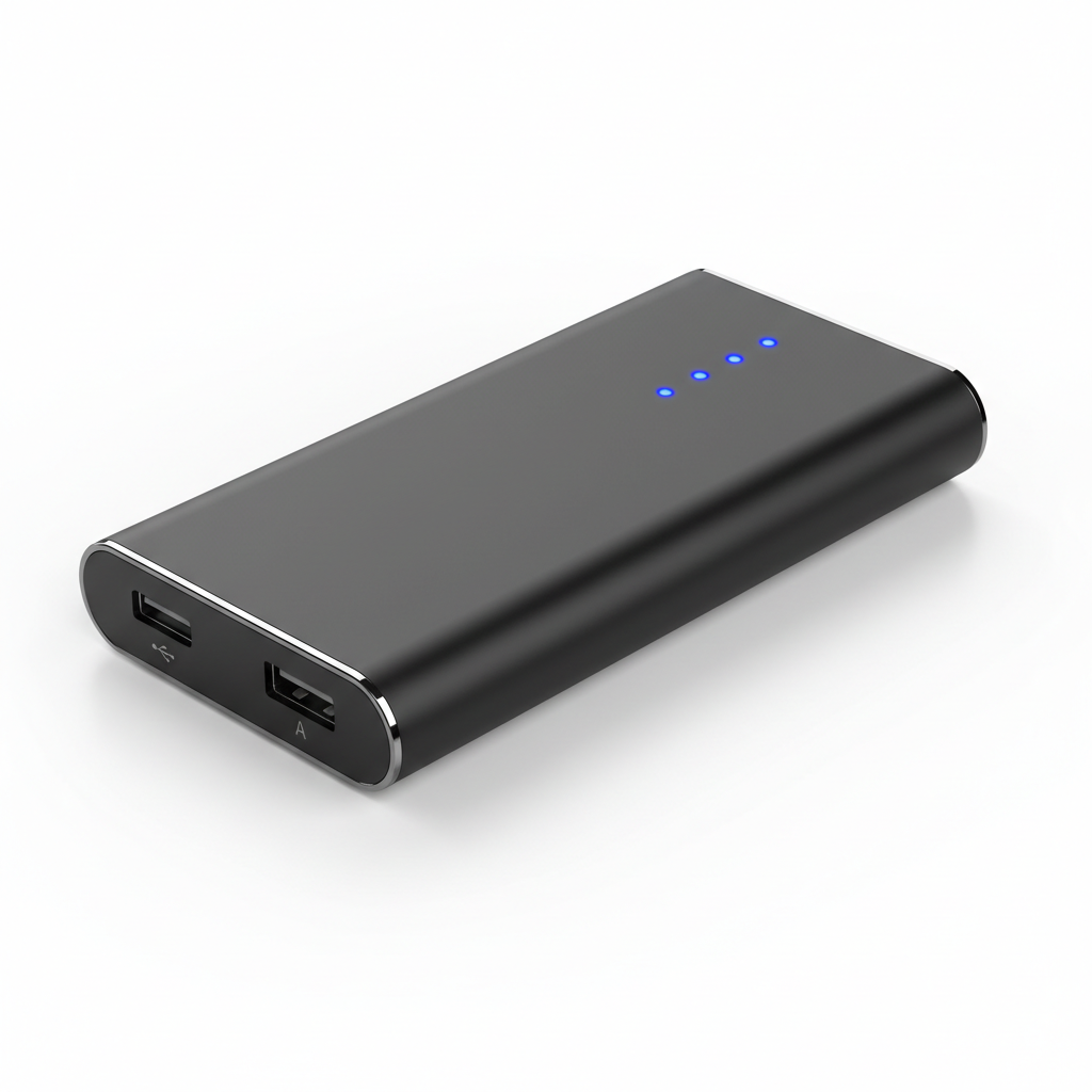 شاحن متنقل أسود اللون مزود بمنفذي USB على خلفية بيضاء

