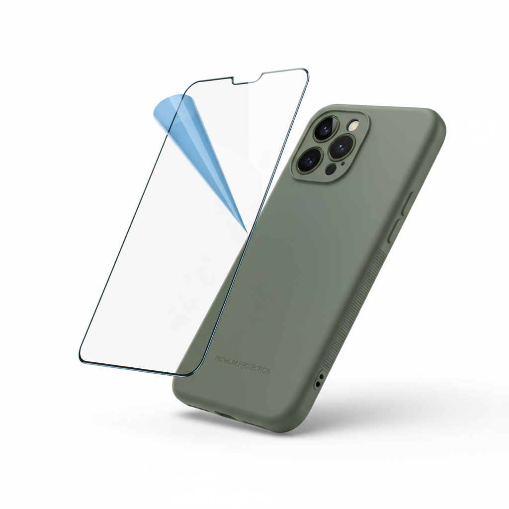 غطاء هاتف أخضر مع واقي شاشة شفاف على خلفية بيضاء

