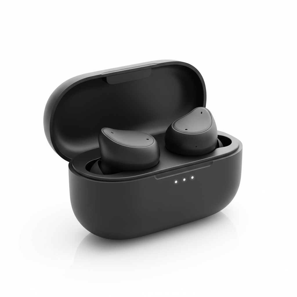سماعات أذن لاسلكية سوداء اللون في علبة شحن مفتوحة على خلفية بيضاء

