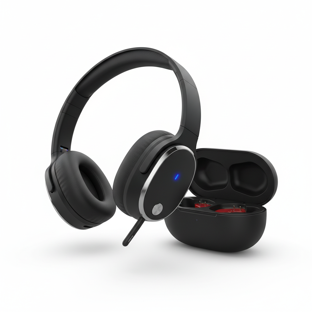 سماعة ألعاب سوداء مع علبة شحن على خلفية بيضاء

