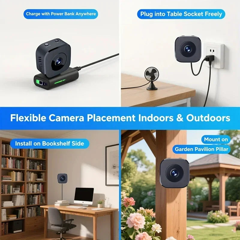 تفاصيل كاميرا المراقبة اللاسلكية - ميكروفون مدمج وسماعة للصوت ثنائي الاتجاه
Wireless surveillance camera details - built-in microphone and speaker for two-way audio
