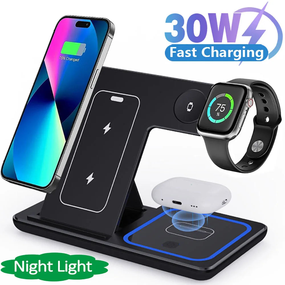 شاحن لاسلكي 3 في 1 بقوة 30 واط مع إضاءة ليلية - 3-in-1 30W wireless charger with night light