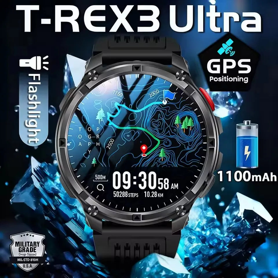 ساعة T-Rex3 Ultra العسكرية الذكية - صورة رئيسية مع تأثير رش الماء الأزرق | T-Rex3 Ultra Military Smartwatch - Main Image with Blue Water Splash Effect
