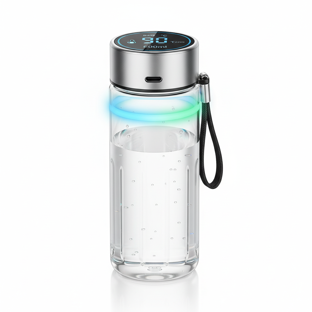 زجاجة مياه شفافة مزودة بشاشة رقمية وأضواء ملونة على خلفية بيضاء

