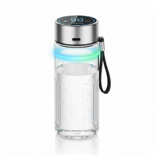 زجاجة مياه شفافة مزودة بشاشة رقمية وأضواء ملونة على خلفية بيضاء


